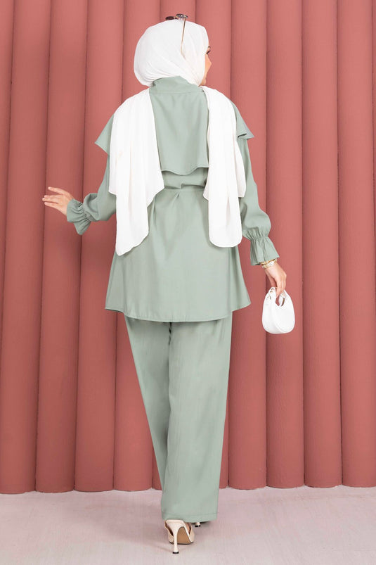 Ensemble tunique à boutons avec cape design et pantalon, couleur menthe