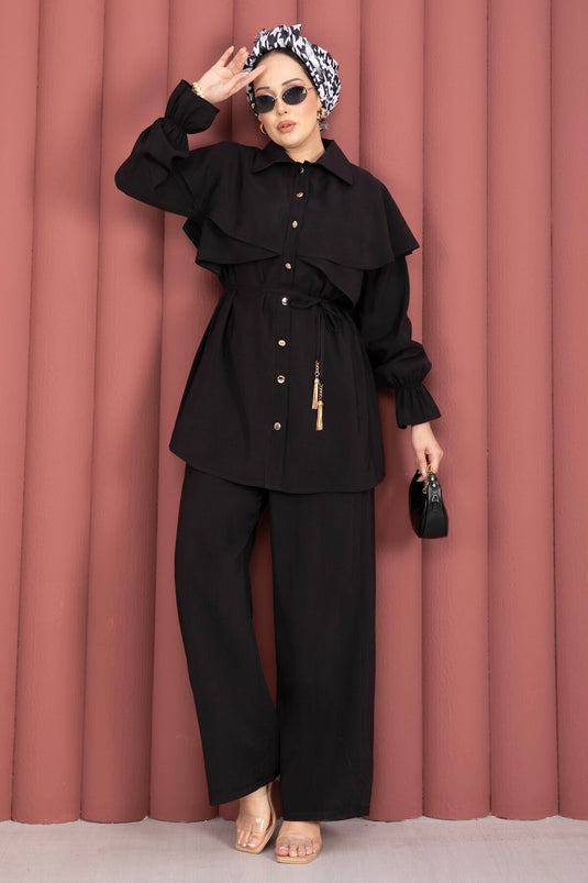 Tunika-Hosen-Set mit Umhang-Design und Knöpfen, Schwarz
