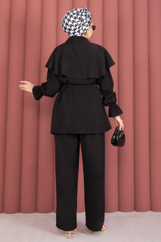 Tunika-Hosen-Set mit Umhang-Design und Knöpfen, Schwarz
