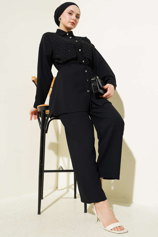 Costume deux pièces noir avec ceinture en corde et cape Stoned