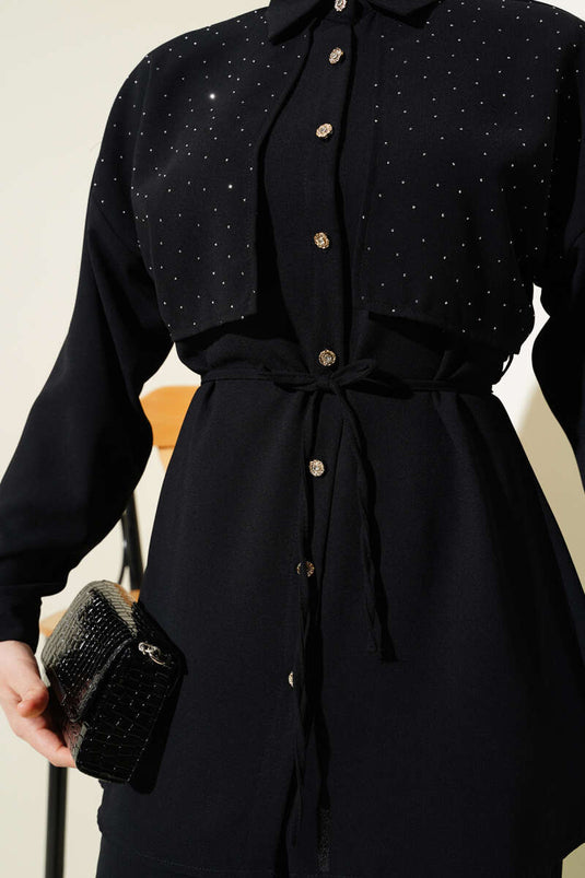 Costume deux pièces noir avec ceinture en corde et cape Stoned