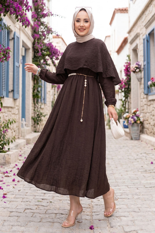 Pelerin Kraag Taille Elastische Voering Zomerse Jurk Koffie