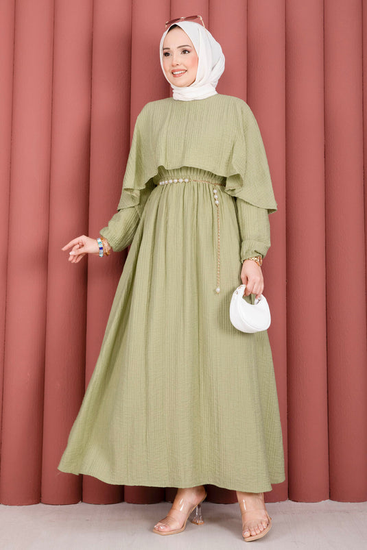 Cape Collar Elastic Waist Lined Summer Dress Green Olive