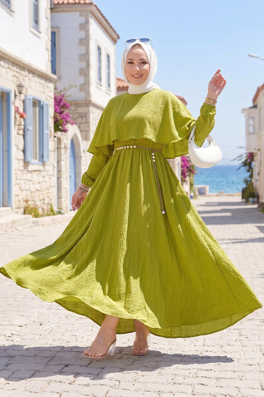 Cape Collar Elastic Waist Lined Summer Dress Olive Green