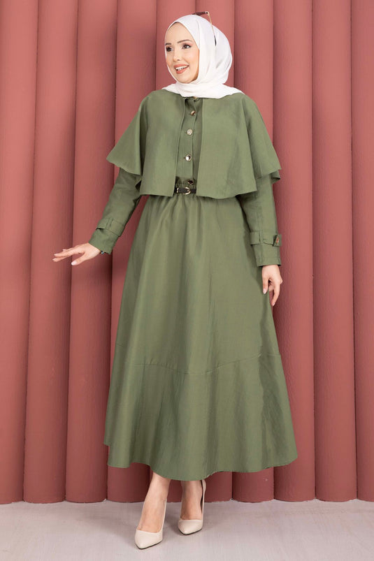 Two-Piece Set with Cape and Epaulet Detail Skirt in Khaki