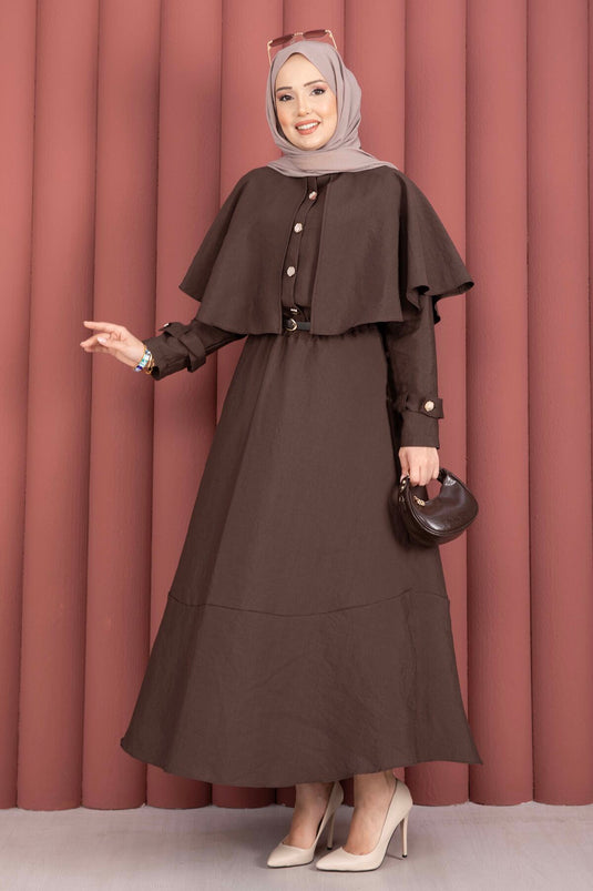 Two-Piece Set with Cape and Epaulet Detail Skirt Brown