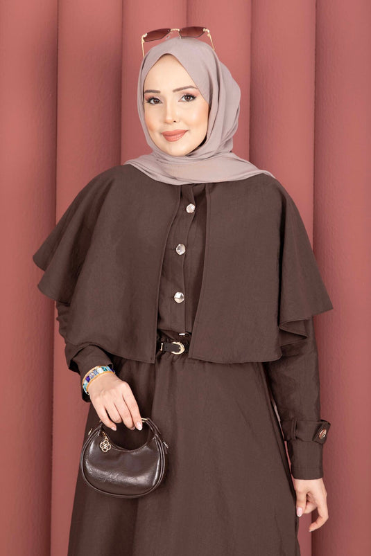Two-Piece Set with Cape and Epaulet Detail Skirt Brown