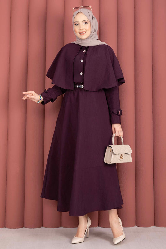 Two-Piece Set with Cape and Epaulet Detail Skirt in Burgundy