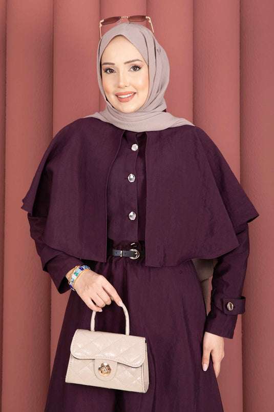 Two-Piece Set with Cape and Epaulet Detail Skirt in Burgundy