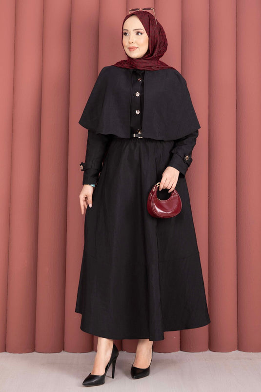 Two-Piece Set with Cape and Epaulet Detail Skirt Black