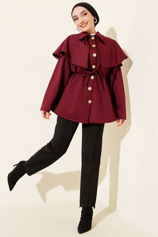 Pelerinli Gold Düğmeli Scuba Ceket Bordo