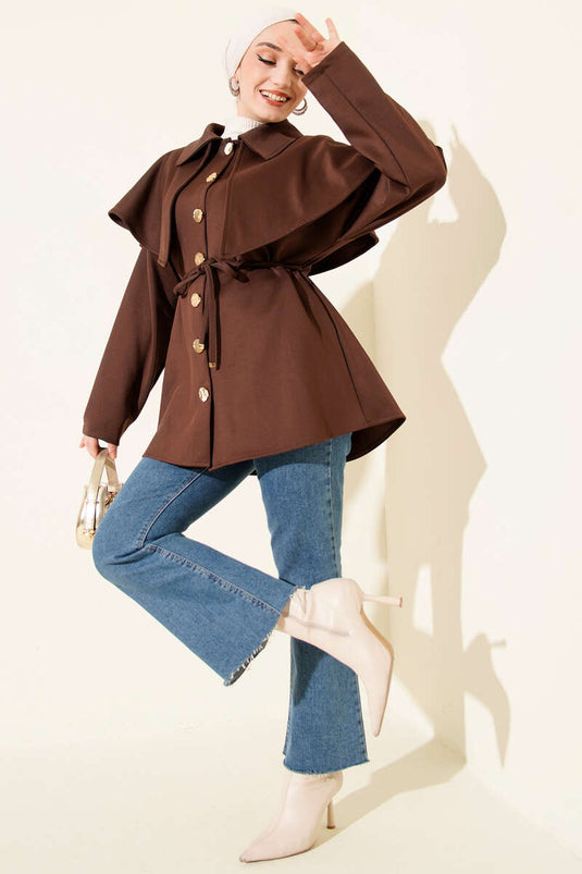 Pelerinli Gold Düğmeli Scuba Ceket Kahve