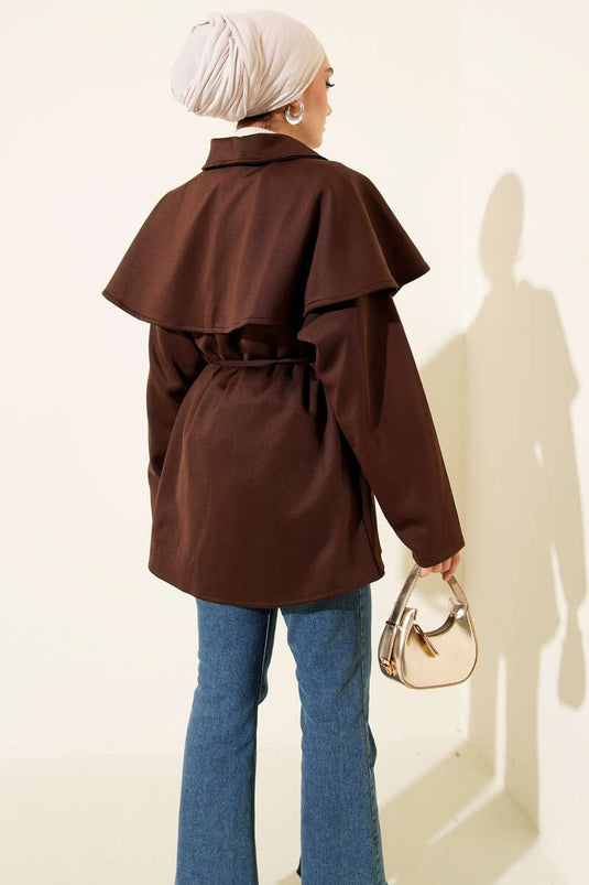 Pelerinli Gold Düğmeli Scuba Ceket Kahve