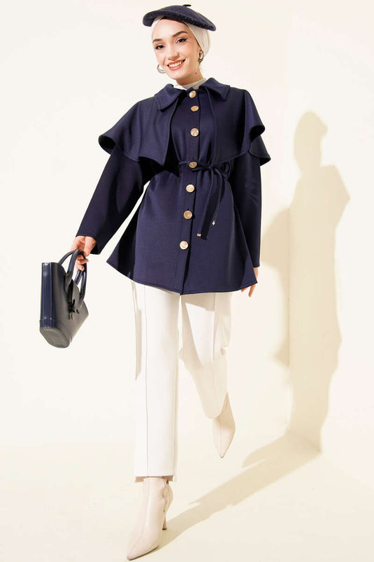 Pelerinli Gold Düğmeli Scuba Ceket Lacivert