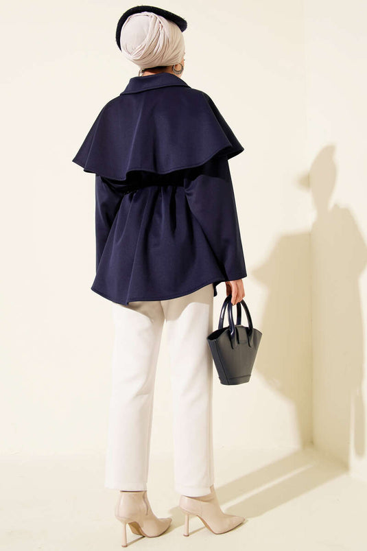 Pelerinli Gold Düğmeli Scuba Ceket Lacivert