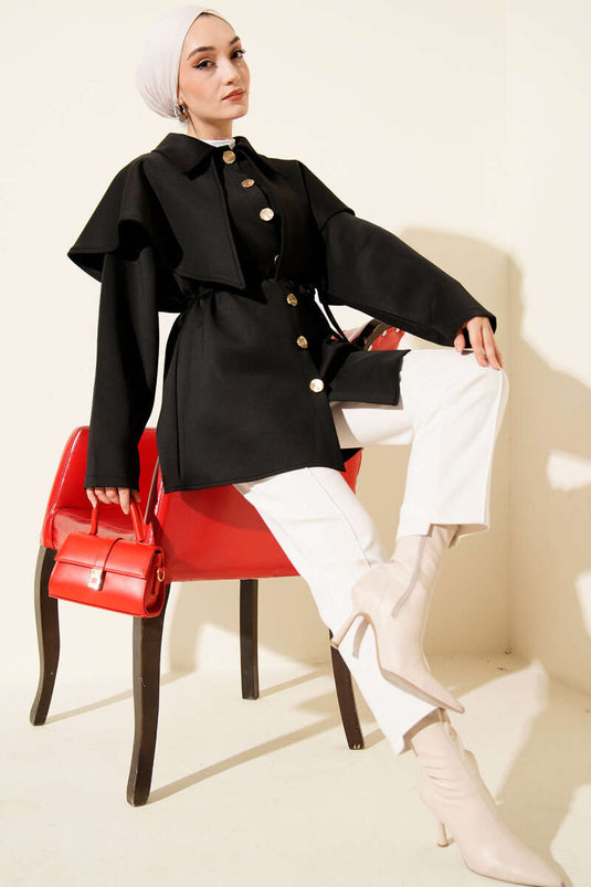 Pelerinli Gold Düğmeli Scuba Ceket Siyah