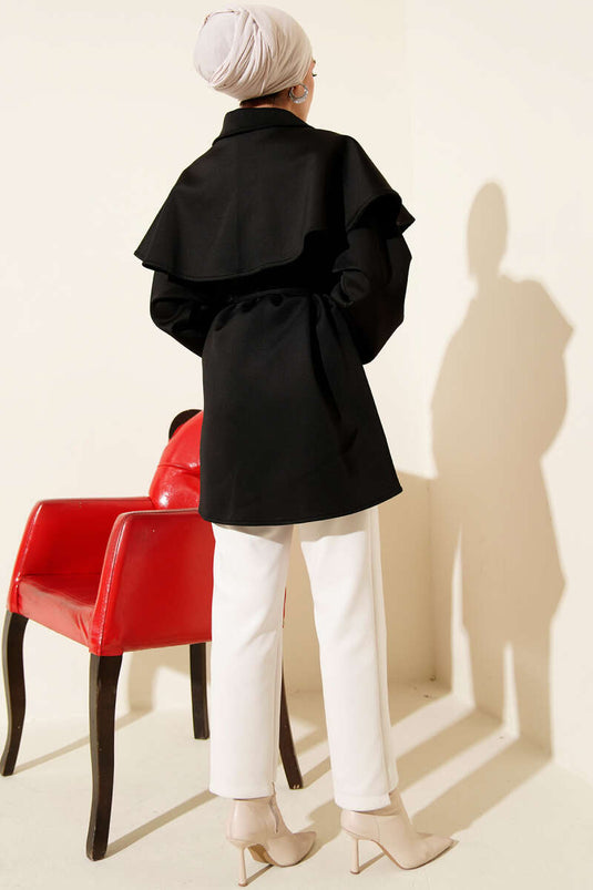 Pelerinli Gold Düğmeli Scuba Ceket Siyah