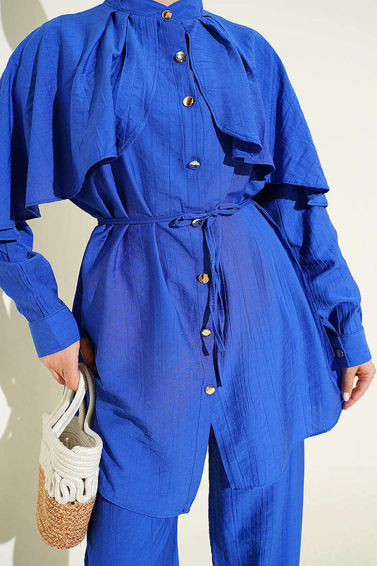 Pelerinli Gold Düğmeli Takım Saks