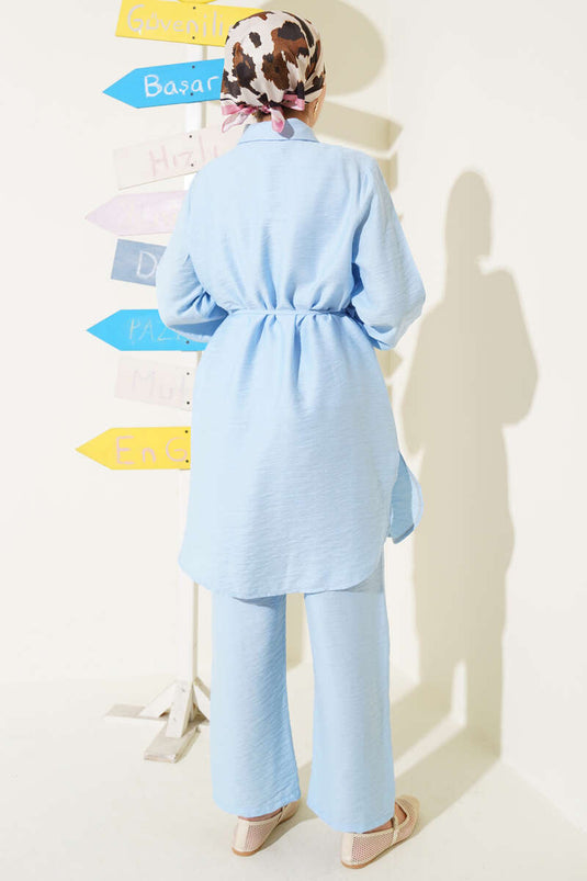 Ensemble deux pièces bleu avec capuche et cordon de serrage