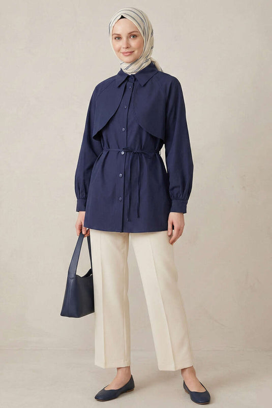 Pelerinli İp Detaylı Tunik Lacivert