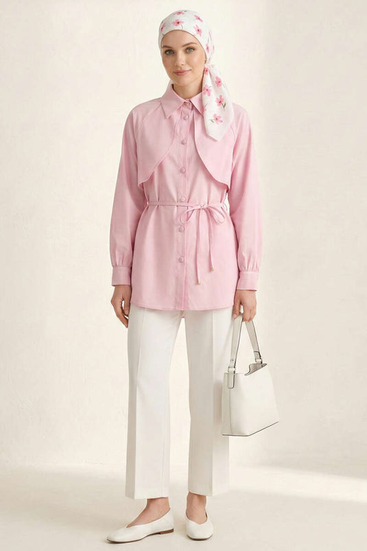 Pelerinli İp Detaylı Tunik Pembe