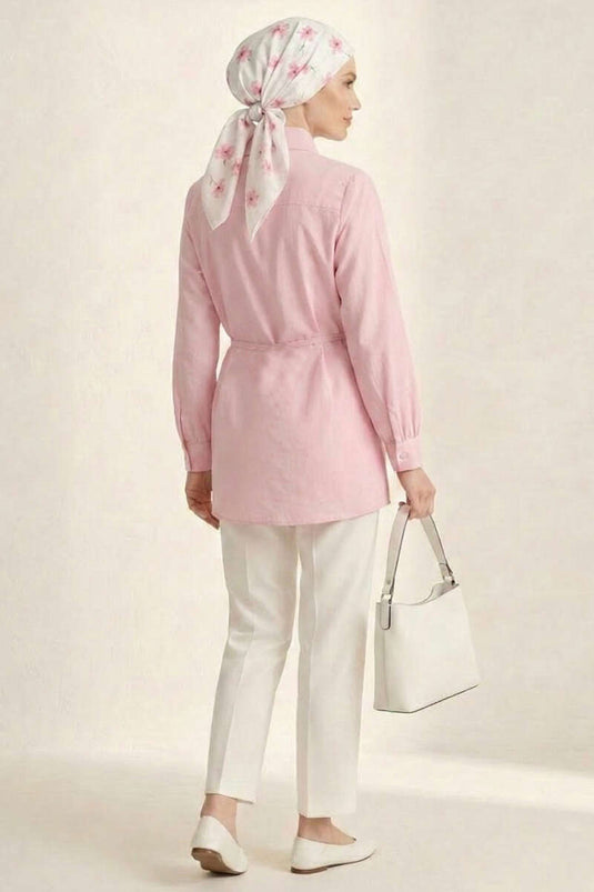Pelerinli İp Detaylı Tunik Pembe