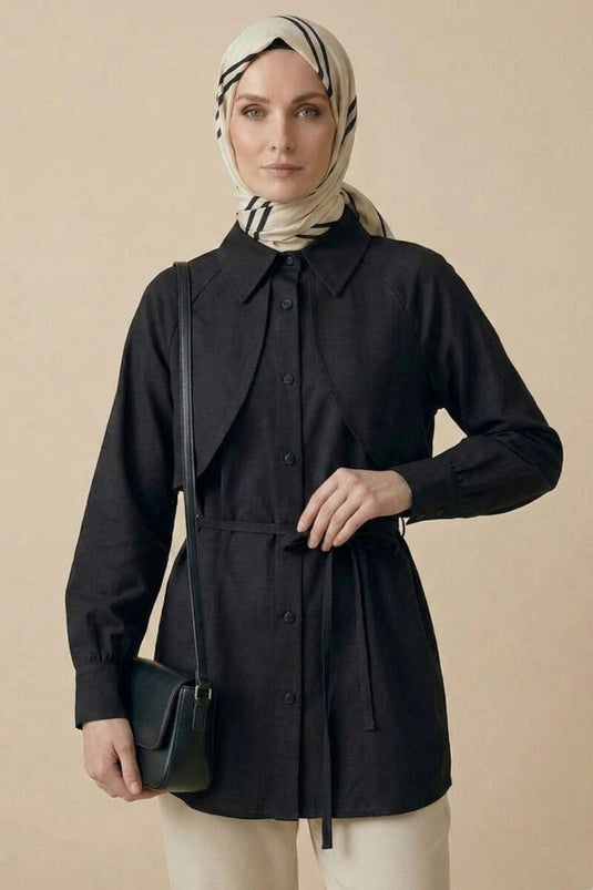 Tunic with Cape and Cord Detail Black