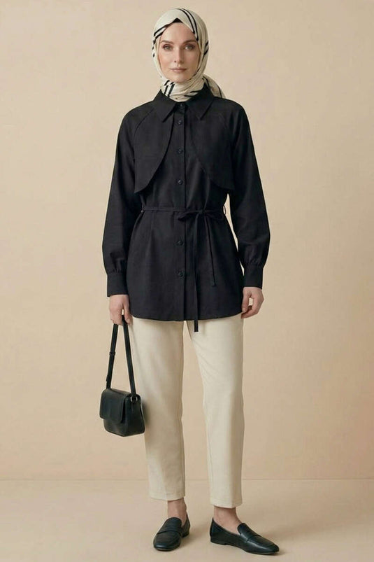 Pelerinli İp Detaylı Tunik Siyah