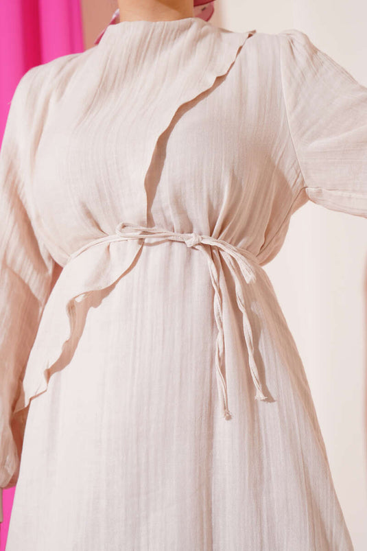 Pelerinli İp Kuşaklı Elbise Bej