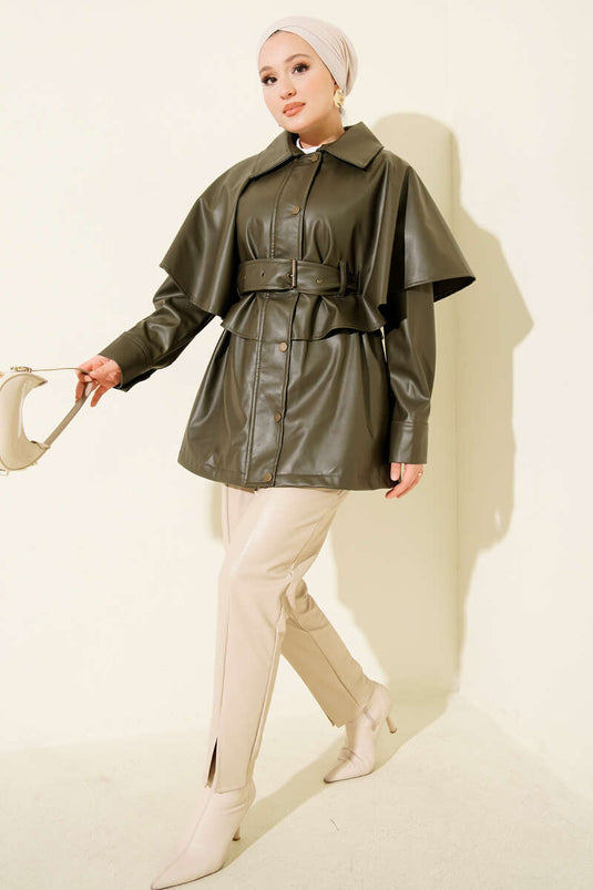 سترة جلدية بحزام من الكاكي