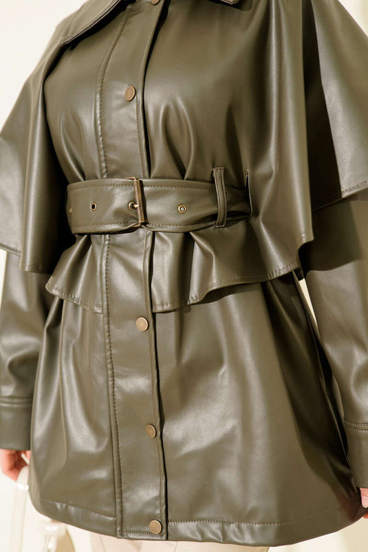 Cape en cuir kaki ceinturé