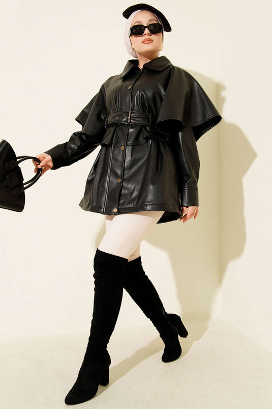 سترة جلدية سوداء بحزام