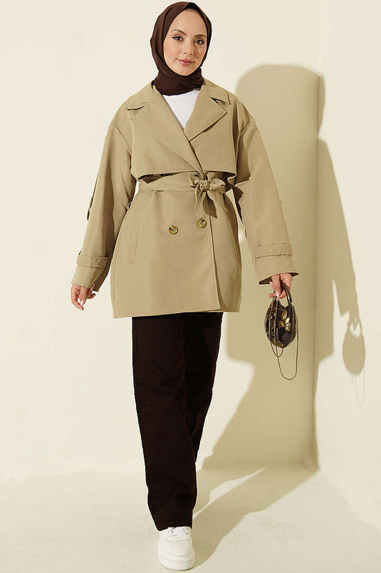 Trench-Coat Court À Ceinture Et Capuche En Kaki