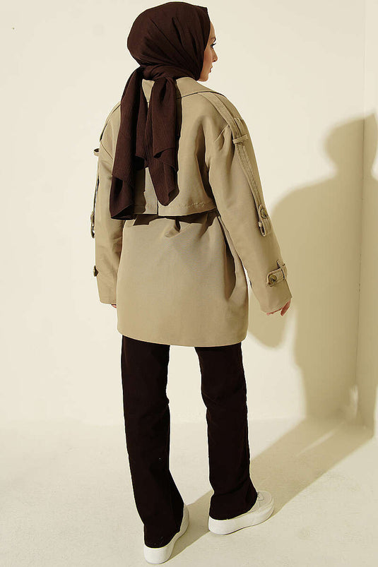Trench-Coat Court À Ceinture Et Capuche En Kaki