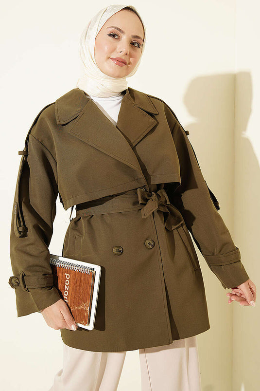 Cappotto Corto Con Cintura E Cappuccio In Kaki
