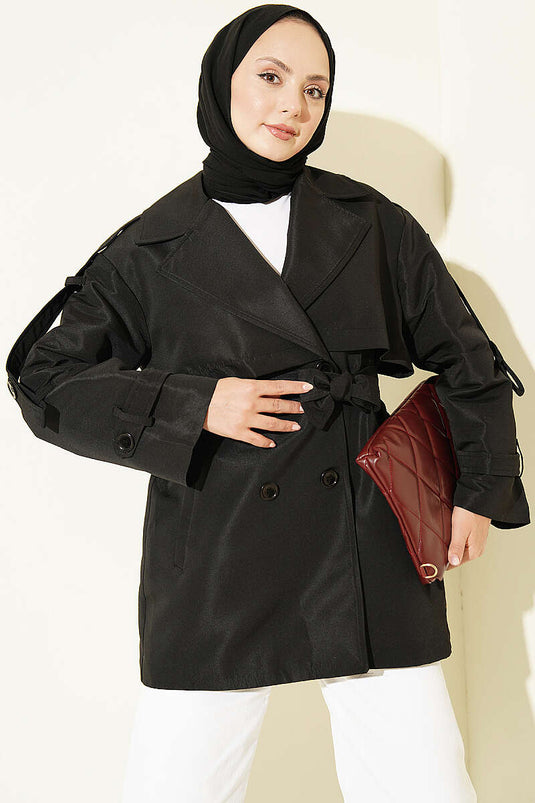 Trench-Coat Court Noir Avec Ceinture Et Cape Boutonnée