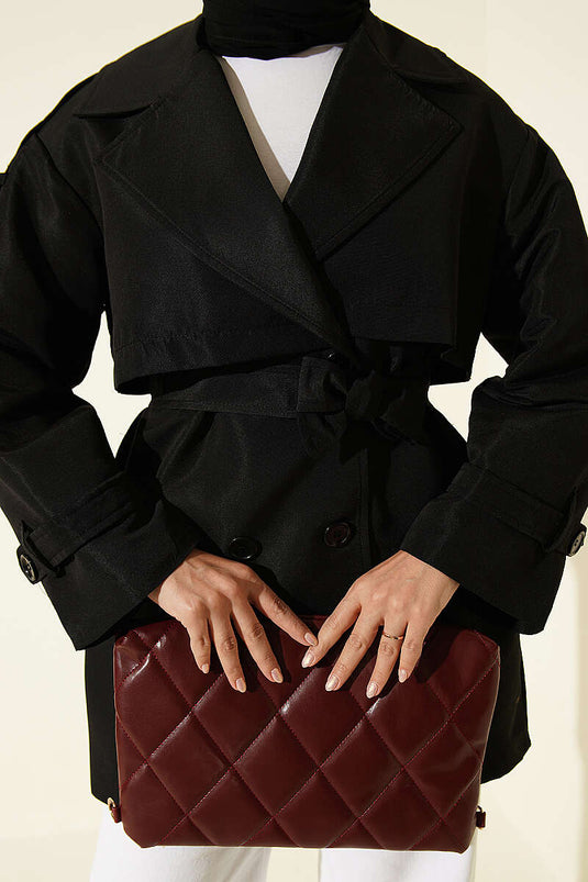 Trench-Coat Court Noir Avec Ceinture Et Cape Boutonnée