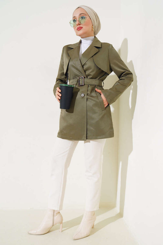 Hooded Belted Short Trench Coat Khaki