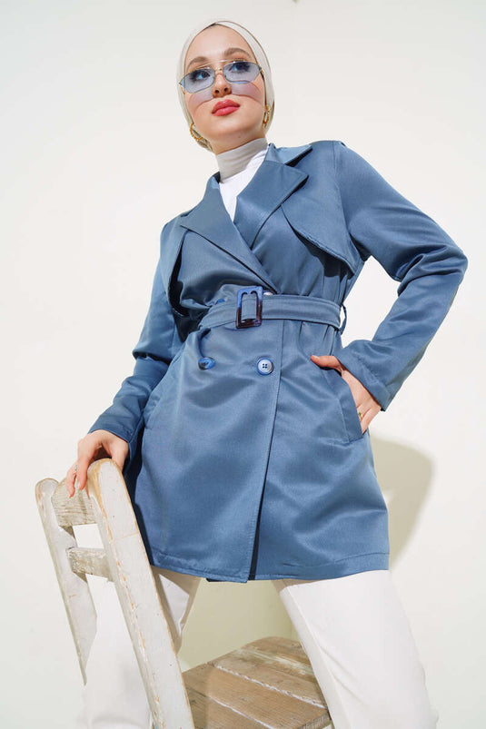 Hooded Belted Short Trench Coat Indigo