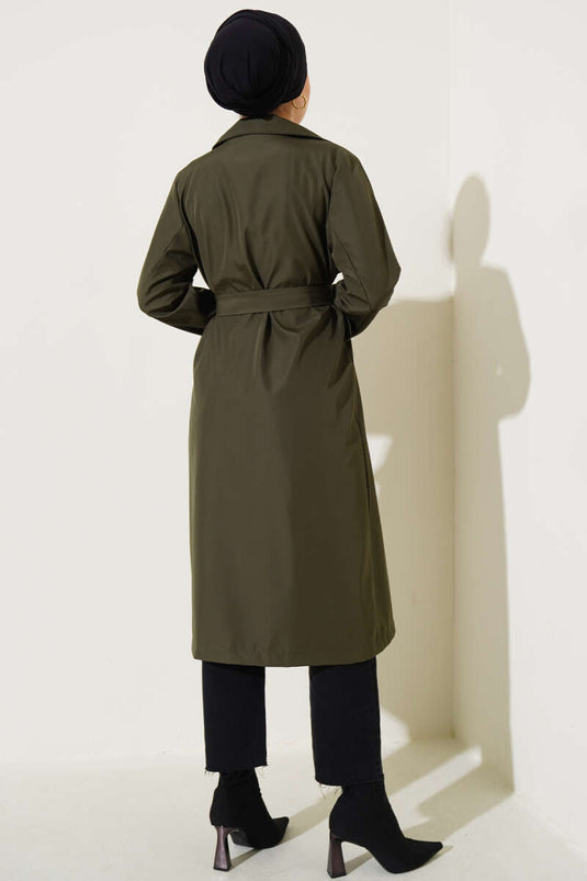 Hooded Button-Front Trench Coat Khaki