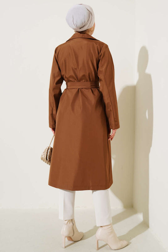 Buttoned Front Trench Coat with Hood in Tan