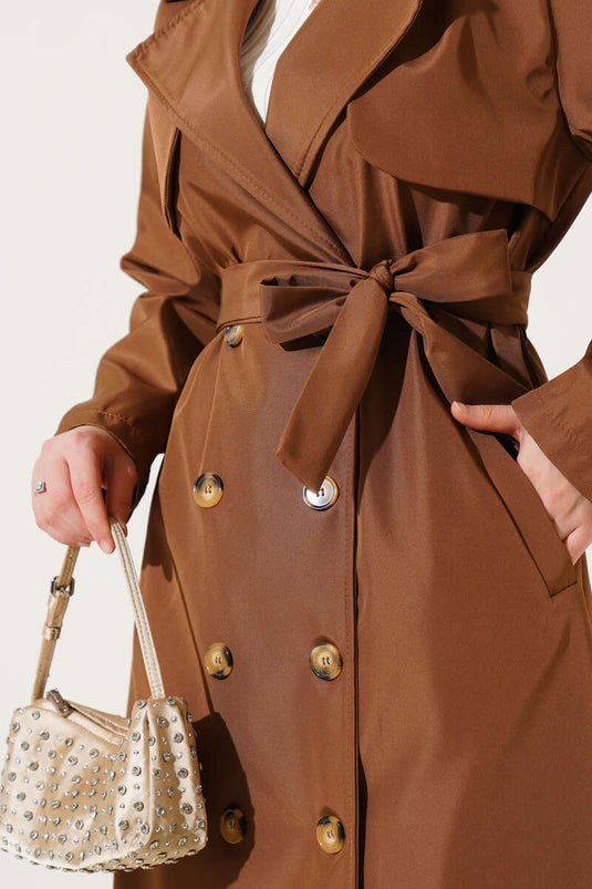 Buttoned Front Trench Coat with Hood in Tan