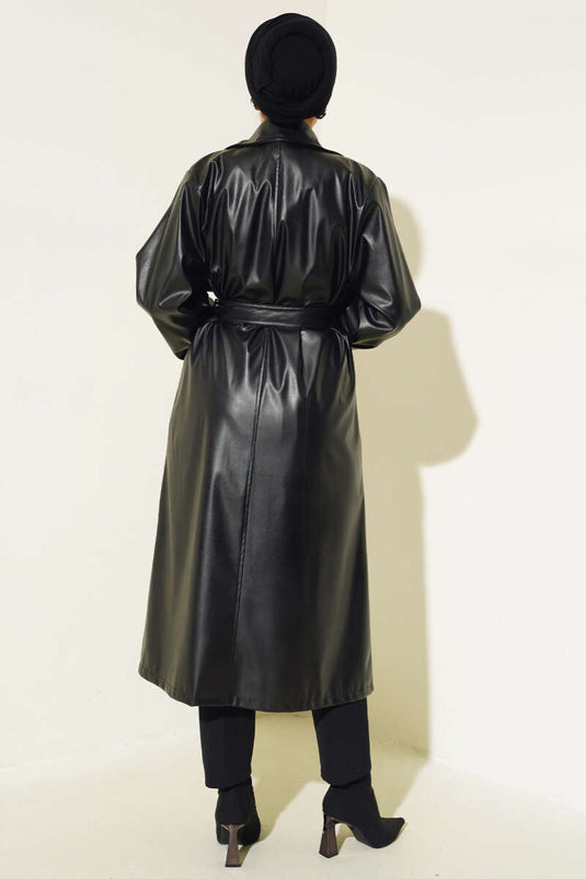 Trench-Coat En Simili Cuir Avec Cape Noir