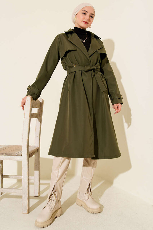 Cape-Style Single-Button Belted Trench Coat Khaki