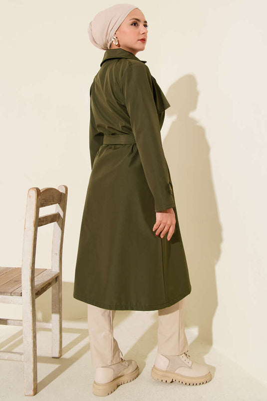 Cape-Style Single-Button Belted Trench Coat Khaki