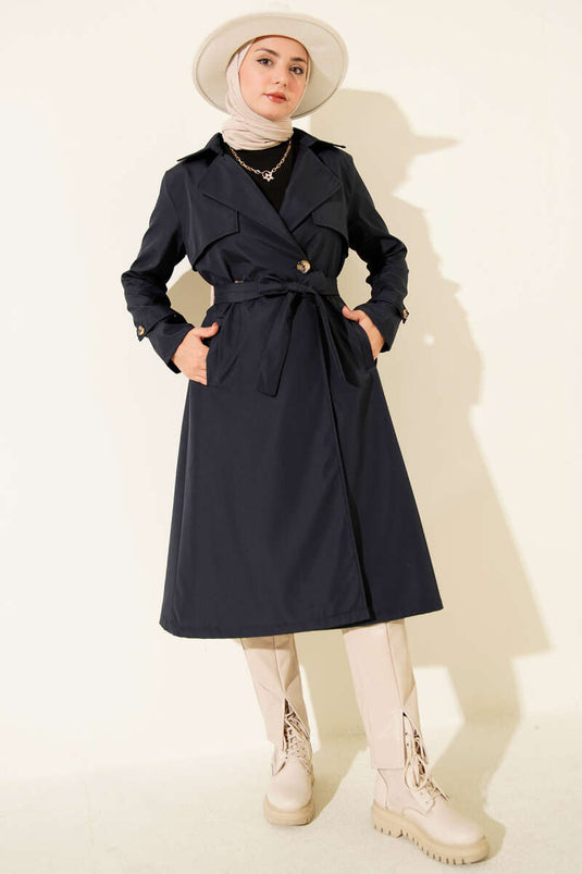 Single-Button Belted Trench Coat with Cape, Navy Blue