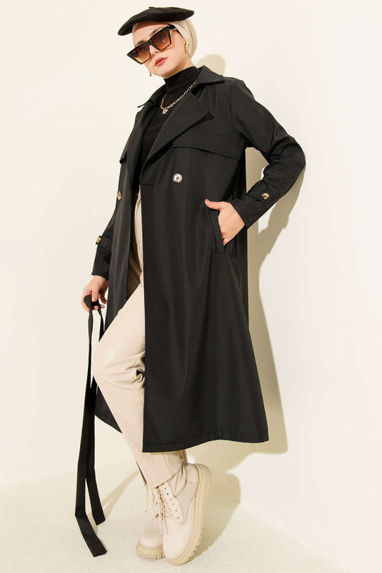 Cape-Style Single-Button Belted Trench Coat Black