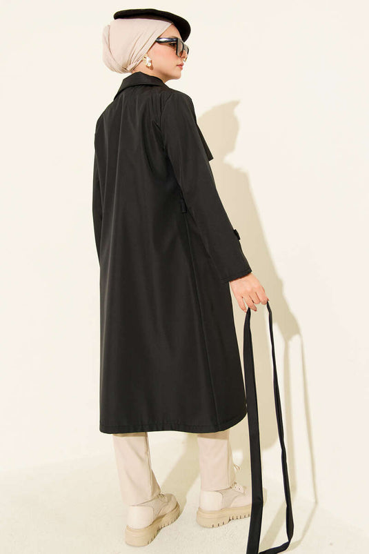 Cape-Style Single-Button Belted Trench Coat Black