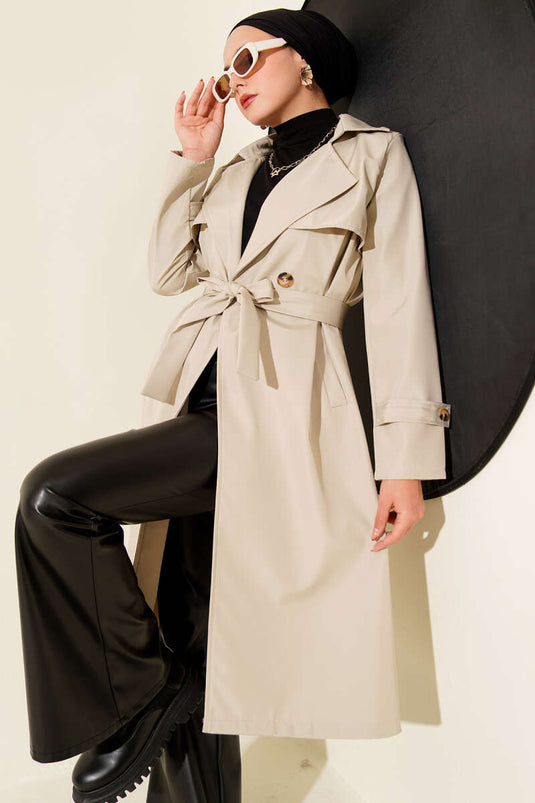 Langer Trenchcoat Mit Gürtel Und Knopf-Umhang