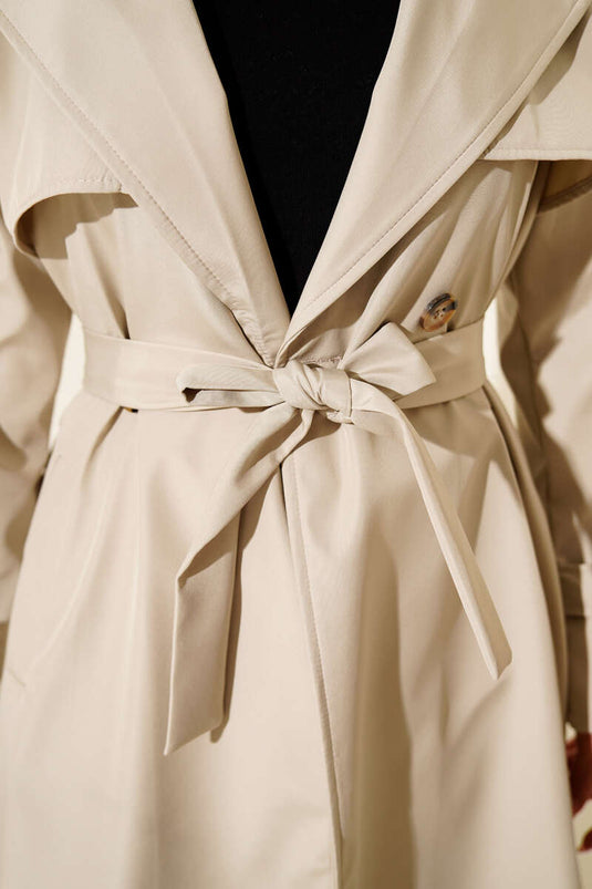Langer Trenchcoat Mit Gürtel Und Knopf-Umhang